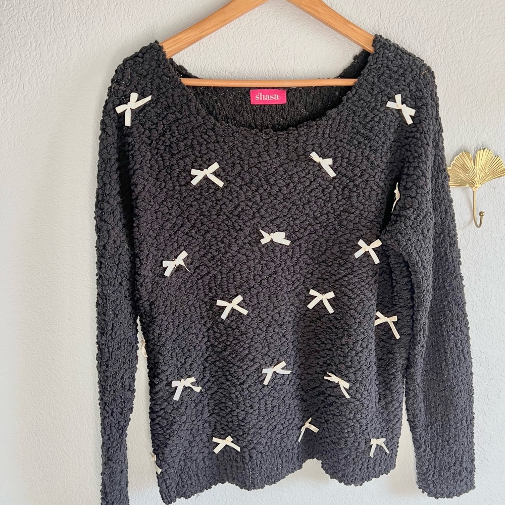 Shasa Textured Black Sweater with Cream Bows